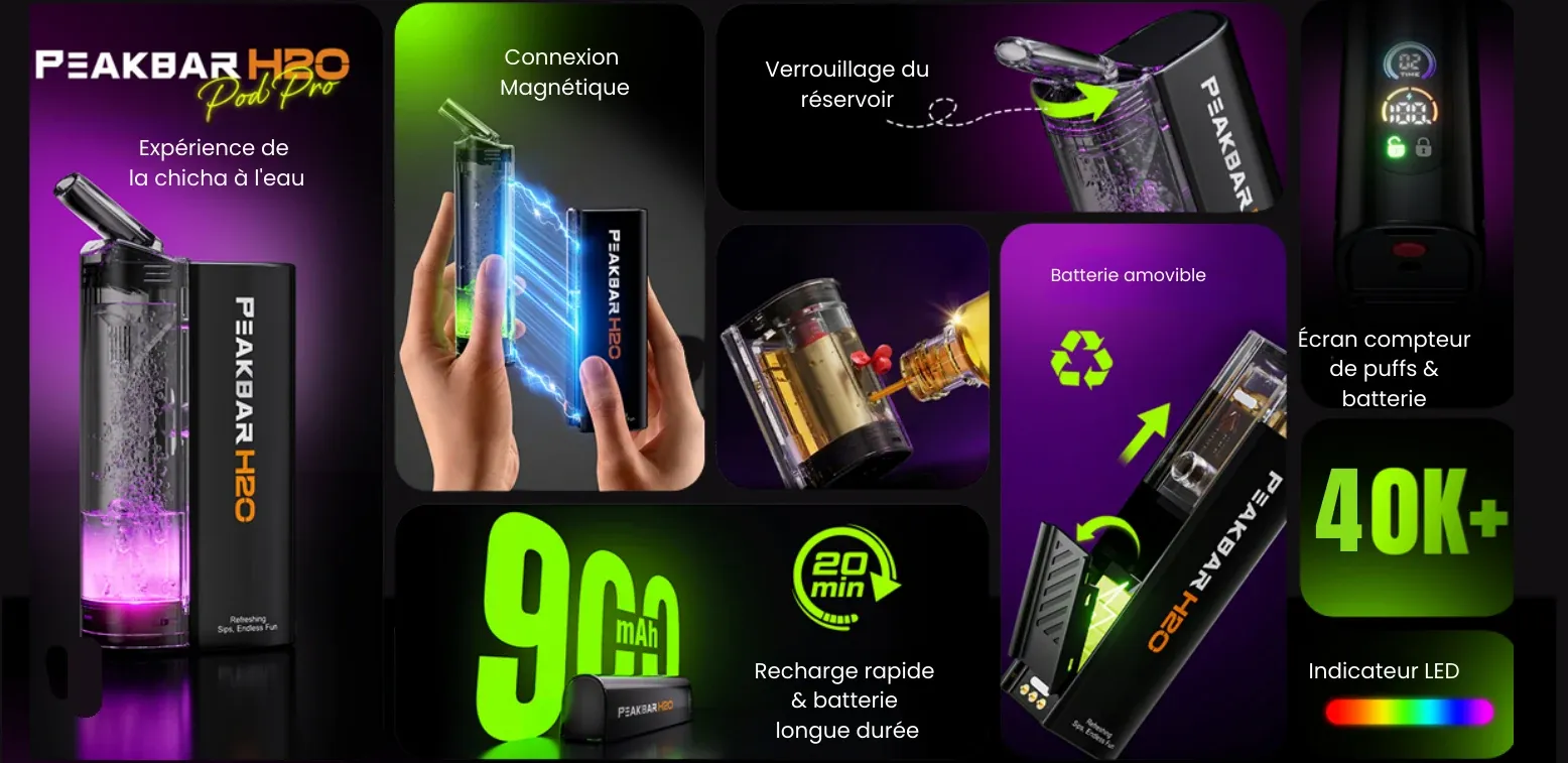 Caractéristiques : connexion magnétique, verrouillage du réservoir, batterie amovible, 900 mAh, 40K+